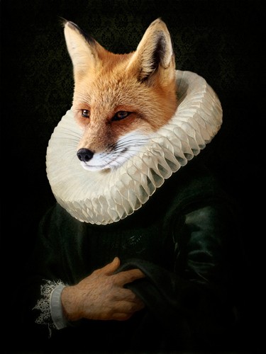 Philippe Tyberghien, Louvian (Fuchs, Halskrausem Edelmann, Tierportrait, historische Kleidung, Anthropomorphismus, Malerei, Wunschgröße, Wohnzimmer, bunt)