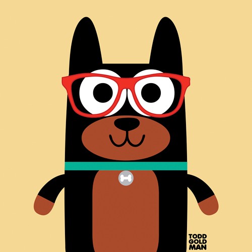 Tood Art, Bow Wow Doberman (Hund, Dobermann, Brille, naive Malerei, Comic, lustig, Kinderzimmer, Optiker, Treppenhaus, Augenarztpraxis, Wunschgröße)