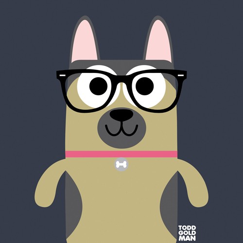 Tood Art, Bow Wow German Shepherd (Hund, Schäferhund, Brille, naive Malerei, Comic, lustig, Kinderzimmer, Optiker, Treppenhaus, Augenarztpraxis, Wunschgröße)