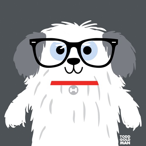 Tood Art, Bow Wow Sheepdog (Hund, Bobtail, Brille, naive Malerei, Comic, lustig, Kinderzimmer, Optiker, Treppenhaus, Augenarztpraxis, Wunschgröße)