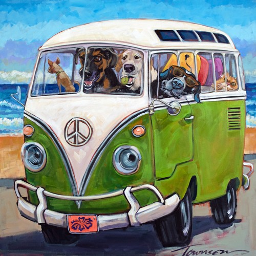 CR Townsend, Hang Loose (Hunde, Katze, Auto, VW-Bus, Bulli, Urlaub, Meer, Strand, Tennisball, Comic, Karrikatur, witzig, lustig, Antropomorphismus, Treppenhaus, Wohnzimmer, Wunschgröße)