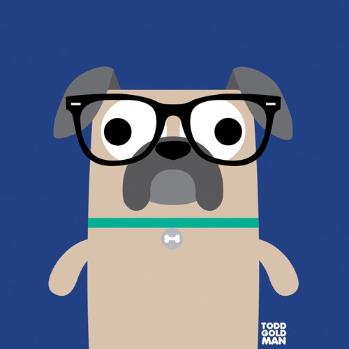 Tood Art, Bow Wow Pug (Hund, Mops, Brille, naive Malerei, Comic, lustig, Kinderzimmer, Optiker, Treppenhaus, Augenarztpraxis, Wunschgröße)