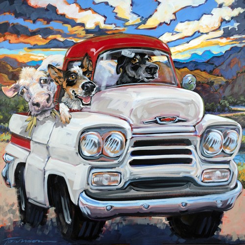 CR Townsend, Cattle Drive (Hunde, Vieh-Transporter, Kuh, Comic, Karrikatur, witzig, lustig, Antropomorphismus, Treppenhaus, Wohnzimmer, Wunschgröße)