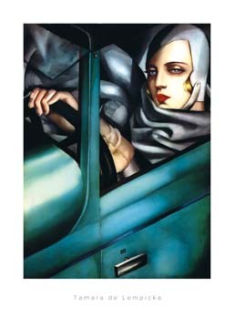 Tamara De Lempicka, Self Portrait (Modern, Malerei, Art Deco, People & Eros, Frau, Fahrerin, Auto, Wohnzimmer, Bistro, Cafe, bunt)