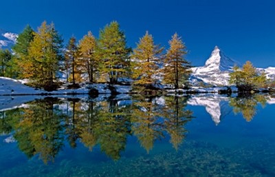 Thomas Marent, Matterhorn with larches I (Photokunst, Wunschgröße, Fotokunst, Landschaftsfotografie, Landschaften, Bäume, See)