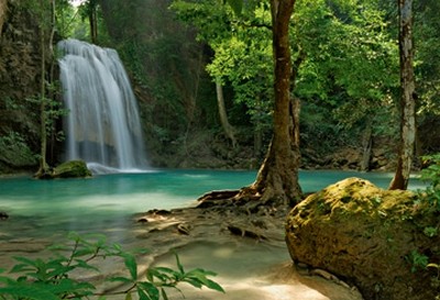 Thomas Marent, Seven-Step Waterfall II (Landschaftsfotografie, Monsoon Forest, Thailand, Landschaften, Bäume, Wasserfall, Idylle, Wohnzimmer, Badezimmer, Fotokunst, Wunschgröße, bunt)