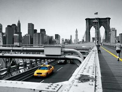 Thomas Reis, Yellow Cab (New York, Brooklyn Bridge, Architektur, gelbes Taxi, Pespektive, Wunschgröße, Wohnzimmer, Jugendzimmer, Treppenhaus, Colorspot, Photokunst, schwarz/weiß, gelb)