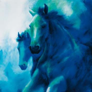 Thomas Aeffner, Anmut (Limitiert und Handsigniert) (Malerei, Pferde, blaue Pferde, Energie, Kraft, Galopp, Arztpraxis, Wohnzimmer, Jugendzimmer, blau)