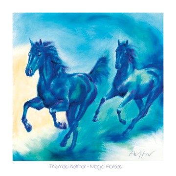 Thomas Aeffner, Magic Horses (Malerei, Pferde, blaue Pferde, Energie, Kraft, Galopp, Arztpraxis, Wohnzimmer, Jugendzimmer, blau)