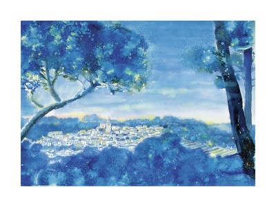 Günter Tillmann, Morgenerwachen in Arta (Landschaften, Dorf, Mallorca Sonnenaufgang, Dunst, Dämmerung, Bäume, Häuser, Wohnzimmer, Treppenhaus, bunt)
