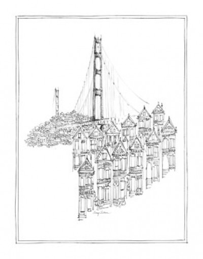 Avery Tillmon, Golden Gate (Zeichnung, Städte, San Francisco, Metropole, Amerika, USA, Brücke, Hängebrücke, Kalifornien,  Architektur, Wahrzeichen, Flur, Treppenhaus, Wohnzimmer, schwarz / weiß)