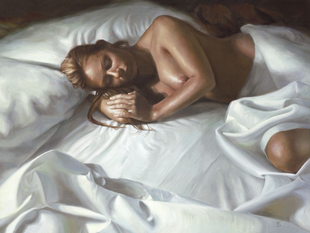 Tina Spratt, Blanket Of Dreams (People & Eros, Frau, Akt, Erotik, Bett, liegende Frau, Laken, nackt, Schlafzimmer, Photorealisimus, Malerei, bunt)