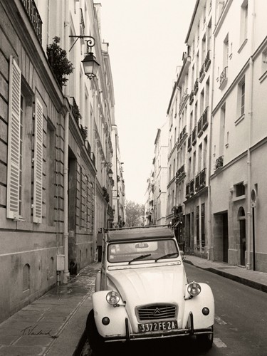 Toby Vandenack, Passage, Ile St-Louis (Wunschgröße, Fotografie, Architektur, Paris, Straße, Gebäude, Häuser, Automobil, Ente, Citroen, 2CV, Nostalgie, Treppenhaus, Wohnzimmer, schwarz/weiß)