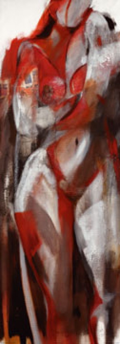 Jutta Töpfer, Sich entdecken (Aktbilder, Erotik, nackte Frau,  modern, Malerei,  nackter Körper, abstrahiert, Schlafzimmer, Wohnzimmer, rot/bunt)