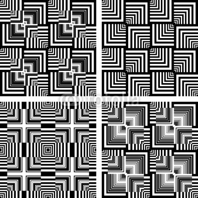 troyka, Seamless op art patterns set. (mustern, nahtlos, illusion, gestreift, kreuz, optisch, geometrisch, linie, set, viereck, textur, kariert, kontrolliert, einfach, geometrie, grafik, grafisch, schwarz, weiß, effekt, diagonale, abstrakt, vorlage, verziert, entwerfen, element, tapet)