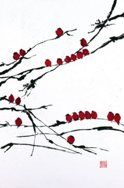 Jenny Tsang, Bamboo Chorus (Asiatische Kunst, Malerei, Vögel, Vogelchor, rote Vögel, Bambuszweige, Zweige, Treppenhaus, Flur, Schlafzimmer, Wohnzimmer, Arztpraxis, schwarz / weiß / rot)