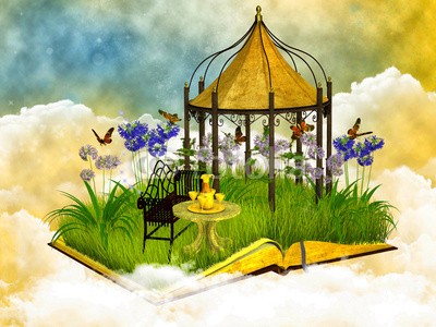 umnola, dreamy reading place in the blue sky (märchen, dreamland, fantasy, magie, hintergrund, geheimnisvoll, mysterium, blume, wonder, wunderbar, lesestoff, bücher, schöner, bunt, gras, morgens, tage, balken, froh, paradise, himmel, entspannen, meditation, verträumt, himmel, wolken, abbildun)
