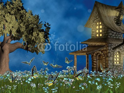 umnola, fairy tale lawn with forget-me- not flowers (märchen, dreamland, ecommerce, schmetterling, fantasy, magie, haus, eiche, hintergrund, geheimnisvoll, mysterium, blume, taube, vögel, wonder, wunderbar, schöner, bunt, gras, berg, lawn, froh, tage, balken, landschaft, himmel, wolken, himmel, paradis)