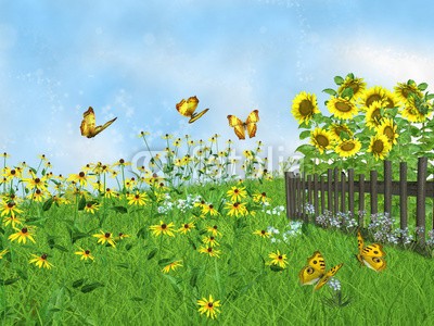 umnola, fairy tale lawn with sunflowers (märchen, dreamland, sonnenblume, schmetterling, fantasy, magie, hintergrund, geheimnisvoll, mysterium, blume, taube, vögel, wonder, wunderbar, schöner, bunt, gras, berg, lawn, froh, tage, balken, landschaft, himmel, wolken, himmel, paradise, abbildun)