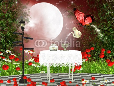 umnola, fairy teetime (märchen, dreamland, fantasy, magie, hintergrund, schmetterling, tisch, tassen, tee, lawn, gänseblümchen, mohn, rot, mond, mondschein, wolken, geheimnisvoll, mysterium, blume, wonder, wunderbar, lesestoff, bücher, schöner, bunt, gras, nacht, paradis)