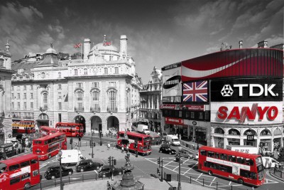 Leinwandbild Unbekannt, LONDON - Picadilly Circus (Städte, Metropole, London, Platz, Verkehr, rote Busse, Stadtleben, Fotokunst, colorspot, Wohnzimmer, schwarz/weiß/rot)