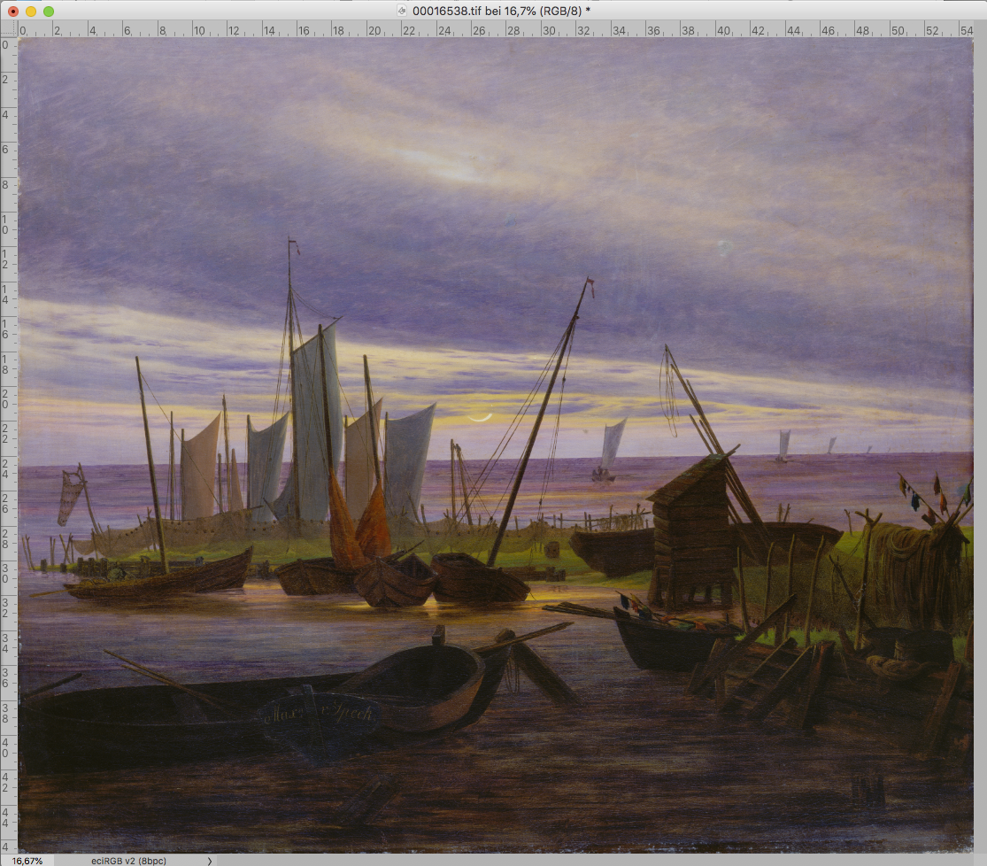 Caspar David Friedrich, Schiffe im Hafen am Abend. 1828. (Hafen, Boote, Schiffe, Segelboote, Abendstimmung, Horizont, Klassiker, Wohnzimmer, Treppenhaus, Malerei, Romantik, Wunschgröße, bunt)