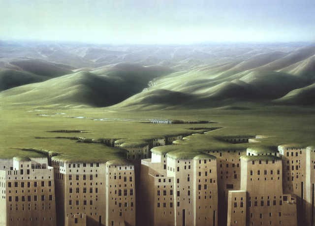 Leinwandbild, Hans-Werner Sahm, Downtown (Phantastische Kunst, Felsen, Bogen, Durchbruch, Durchgang, Einblick, Licht, Gebirge, Fluss, Traumwelt, Surreal, Wunschgröße, Wohnzimmer, Jugendzimmer, zeitgenössisch, bunt)