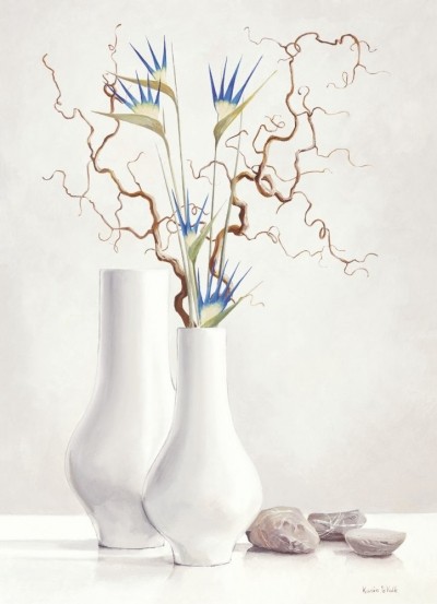 Karin van der Valk, Willow Twigs With Blue Flowers (Stillleben, Blumen, Floral, Vase, Wohnraum, Schlafzimmer, Arzt, Büro, Business)