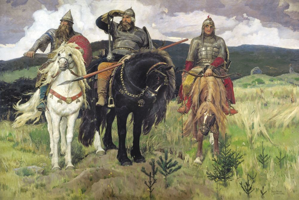 V. Vasnetcsov / Tretyakov Gal., BOGATIRI (Malerei, Landschaft, Rittertum, Streitrosse, Rüstung, Recke, Söldner, Kämpfer, Ritter, Wohnzimmer, bunt)