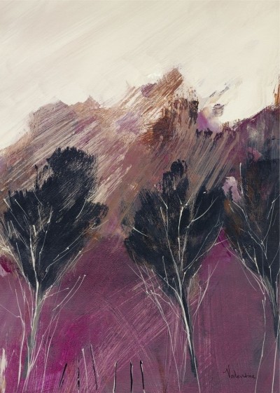 Valentine, WHISPERING TREES II (Modern, Malerei, abstrakt, Landschaft, Bäume, Wind, Bewegung, Wohnzimmer, Schlafzimmer, Büro, violett, weiß)