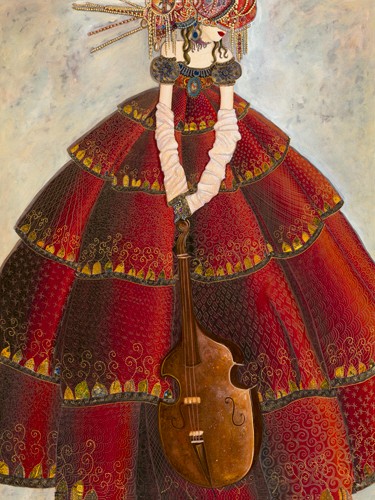 Valérie Maugerie, Pense musicale (Wunschgröße, Malerei, romatisch, Volants, Kleid, Musikinstrument, Cello, Stoff, Stoffmuster, dekorativ,  Wohnzimmer, Musikzimmer, bunt)