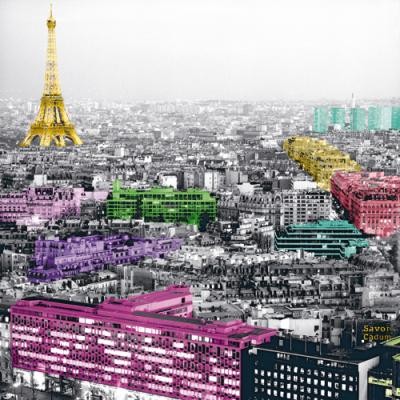 Anne Valverde, Eiffel Colours (Fotokunst, Städte, Metropole, Paris, Frankreich, Luftbild, Eiffelturm, Modern, Büro, Wohnzimmer,  schwarz / weiß, bunt)