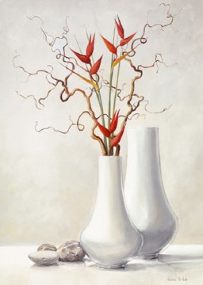 Karin Van der Valk, Willow Twigs with Red Flowers (Malerei, Stillleben, weiße Blumenvase, trockener Zweig, knorrig, Weidenzweig, Strelitzie, Papageienblume, Steine, modern, dekorativ, Schlafzimmer, Wohnzimmer, Treppenhaus, Esszimmer, bunt)