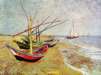 Vincent van Gogh, Barche sulla spiaggia (Malerei, Impressionismus, Klassische Moderne, Meer, Meeresbrise, Boote, Strand, Fischerboot, Segelboote, Wohnzimmer, Arztpraxis, bunt)