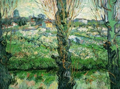 Vincent van Gogh, Blick auf Arles (Klassische Moderne, Impressionismus, Malerei, Landschaft, Natur, Fluss, Bäume, Spiegelung, Südfrankreich, Stadt, Wohnzimmer, Arztpraxis, Schlafzimmer, bunt)