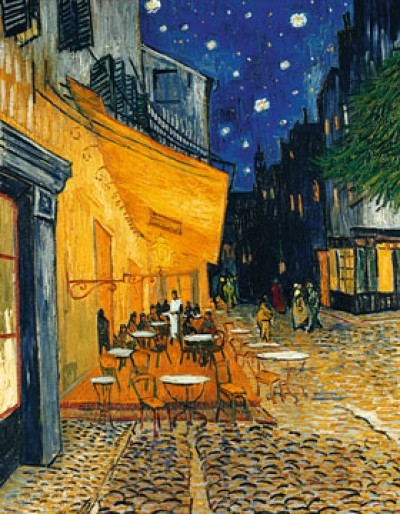 Vincent van Gogh, Café-Terrasse am Abend (Klassische Moderne, Impressionismus, Malerei, Nachtszene, Nachtlicht, Platz, Straße, Straßencafe, Café, Bar, Sterne, Sternenhimmel, Wohnzimmer, Arztpraxis, Schlafzimmer, bunt)