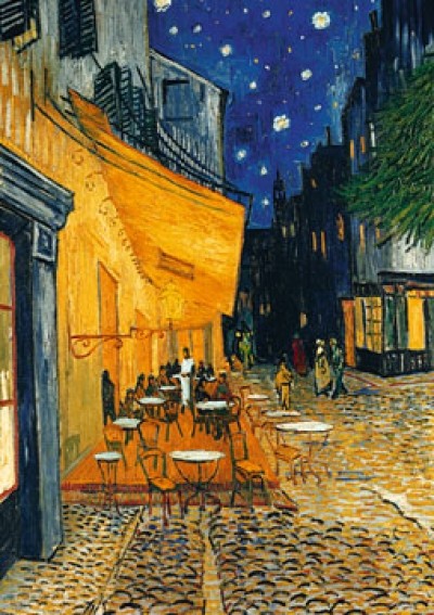 Vincent van Gogh, Café-Terrasse am Abend (Klassische Moderne, Impressionismus, Malerei, Nachtszene, Nachtlicht, Platz, Straße, Straßencafe, Café, Bar, Sterne, Sternenhimmel, Wohnzimmer, Arztpraxis, Schlafzimmer, bunt)