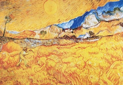 Vincent van Gogh, La mietitura (Klassische Moderne, Impressionismus, Malerei, Landschaft, Berge, Natur, Ernte, Herbst, Garben, Ernte, Feld, Getreidefeld, Himmel, gelber Himmel, Sonne,  Wohnzimmer, Arztpraxis, Schlafzimmer, bunt)