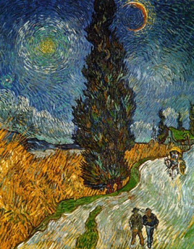 Vincent van Gogh, Landstrasse mit Zypresse und Ste (Klassische Moderne, Impressionismus, Malerei, Landschaft, Natur, Hof, Bauernhof, Feld, Getreidefeld, Himmel, Nachthimmel, Stern, Mond, Baum, Zypresse, Spaziergänger, Wohnzimmer, Arztpraxis, Schlafzimmer, bunt)