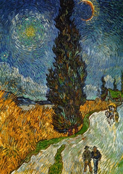 Vincent van Gogh, Landstrasse mit Zypresse und Ste (Klassische Moderne, Impressionismus, Malerei, Landschaft, Natur, Hof, Bauernhof, Feld, Getreidefeld, Himmel, Nachthimmel, Stern, Mond, Baum, Zypresse, Spaziergänger, Wohnzimmer, Arztpraxis, Schlafzimmer, bunt)