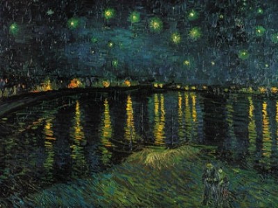Vincent van Gogh, Notte stellata (Klassische Moderne, Impressionismus, Malerei, Landschaft, Natur, See, Himmel, Sternenhimmel, Nachtszene, Dunkelheit, Spieglungen, Reflexionen, Abendspaziergang, Wohnzimmer, Arztpraxis, Schlafzimmer, bunt)