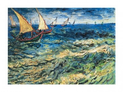 Vincent van Gogh, Seascape at Saintes-Maries (Klassische Moderne, Impressionismus, Malerei, Klassiker, Meeresbrise, Meer, Wellen, Segelboot, Horizont, Himmel, Schlafzimmer, Wohnzimmer, Arztpraxis, bunt)