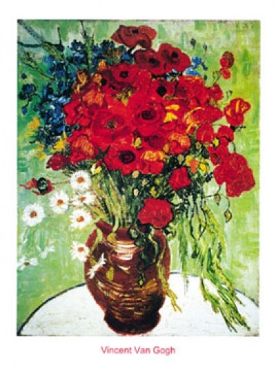 Vincent van Gogh, Vase avec marguerite (Malerei, Klassische Moderne, Impressionismus, Stillleben, Blumenstrauß, Blüten, Vase, Margeriten, Mohnblumen, Vanitas, Vergänglichkeit, Wohnzimmer, Schlafzimmer, Wintergarten, bunt)