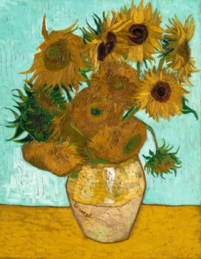 Vincent van Gogh, Vase mit Sonnenblumen (Malerei, Klassische Moderne, Impressionismus, Stillleben, Blumenstrauß, Blüten, Vase, Sonnenblumen, Vanitas, Vergänglichkeit, Wohnzimmer, Schlafzimmer, Wintergarten, bunt)