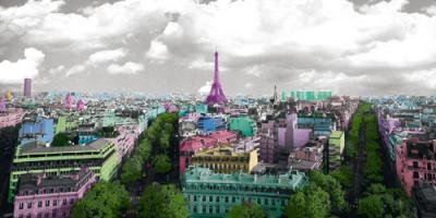 Anne Valverde, Pinky Paris (Fotokunst, Städte, Metropole, Paris, Frankreich, Eiffelturm, Panorama, Modern, Büro, Wohnzimmer, bunte Häuser, pink Eifelturm, schwarz/weiß, bunt)