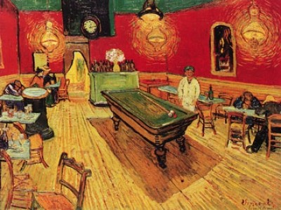 Vincent van Gogh, Caffe di notte (Klassische Moderne, Impressionismus, Malerei,  Café, Bar, Nachtcafe, Interieur, Tische, Stühle, Billard, Billardtisch, Wohnzimmer, Treppenhaus, bunt)