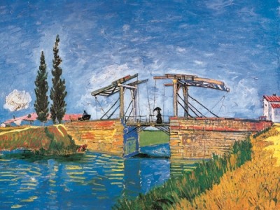 Vincent van Gogh, Il Ponte di Langlois (Klassische Moderne, Impressionismus, Malerei, Landschaft, Natur, Dorf, Brücke, Zugbrücke, Fluss, Bäume, Dorf, Frankreich, Spaziergängerin, Wohnzimmer, Arztpraxis, Wintergarten, bunt)