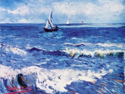 Vincent van Gogh, Peasaggio marino (Klassische Moderne, Impressionismus, Malerei, Klassiker, Meeresbrise, Meer, Wellen, Segelboot, Horizont, Himmel, Schlafzimmer, Wohnzimmer, Arztpraxis, bunt)