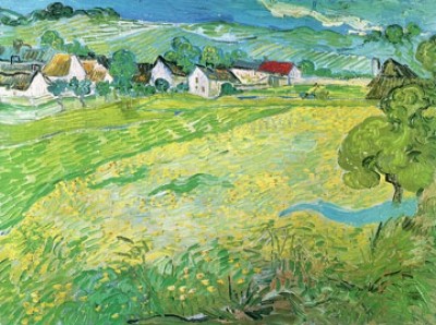 Vincent van Gogh, Sonnige Wiese bei Auvers, 1890 (Klassische Moderne, Impressionismus, Malerei, Klassiker, Frankreich, Landschaften, Natur, Sonnenlicht, Felder, Wiese, Dorf, Wohnzimmer, Wintergarten, bunt)