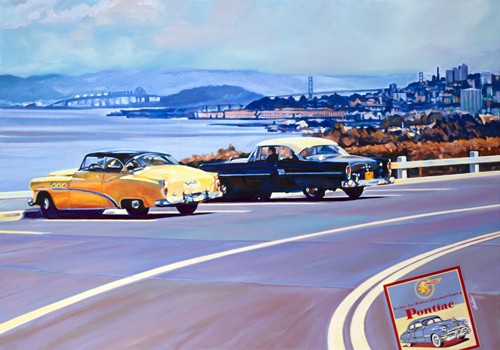 VAUTRIN, San Francisco Bay (Wunschgröße, Fotorealismus, American Scene, Nostalgie, Landschaft, Bucht, Meeresbucht, Pazifik, Straßenkreuzer, Oldtimer, Automobil, Wohnzimmer, Bar, Bistro, Gastronomie, bunt)